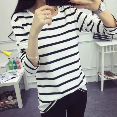 Women's Black White Striped Long Sleeve T-Shirt Plus Size - Image 6