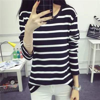 Women's Black White Striped Long Sleeve T-Shirt Plus Size - Image 7
