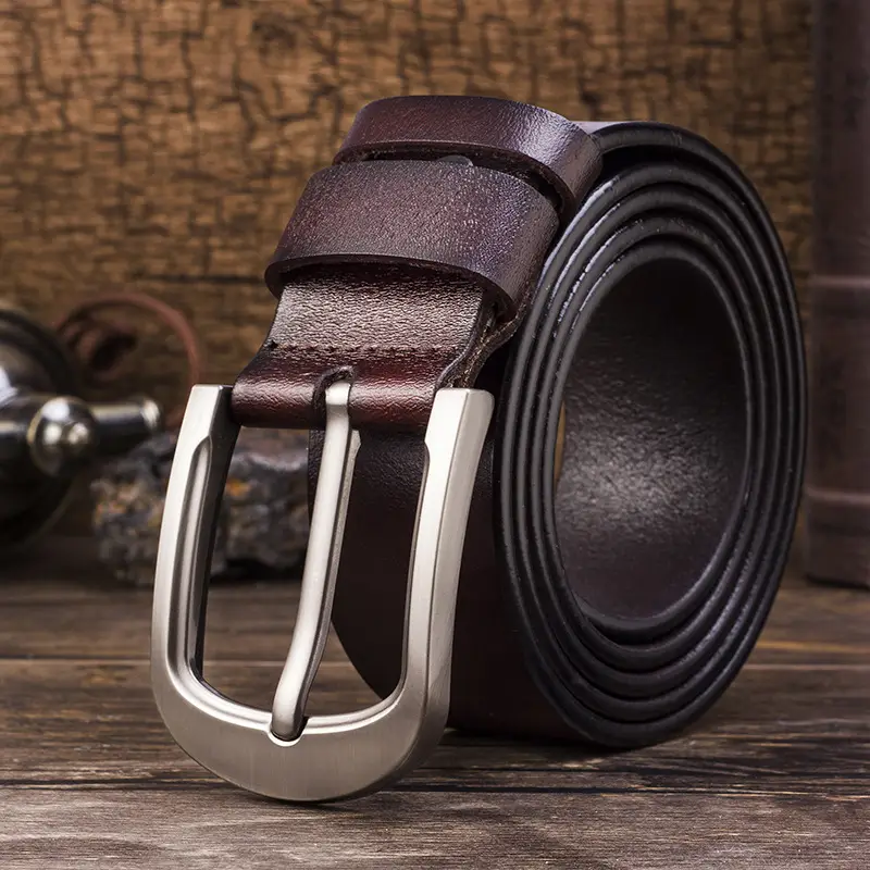 Men's Black Cowhide Leather Belt with Silver Buckle
