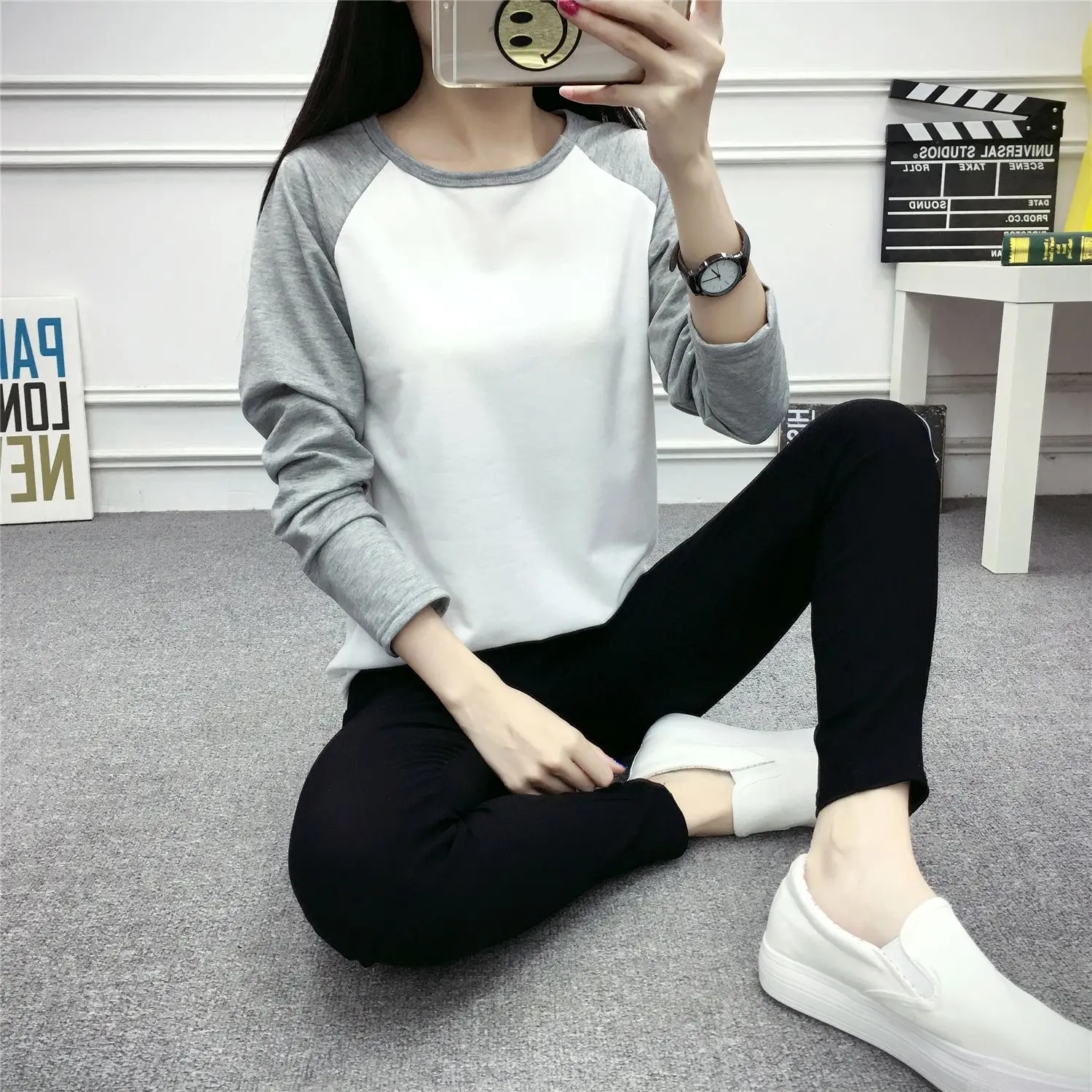 Women Korean Long Sleeve T-Shirt White Blue Large
