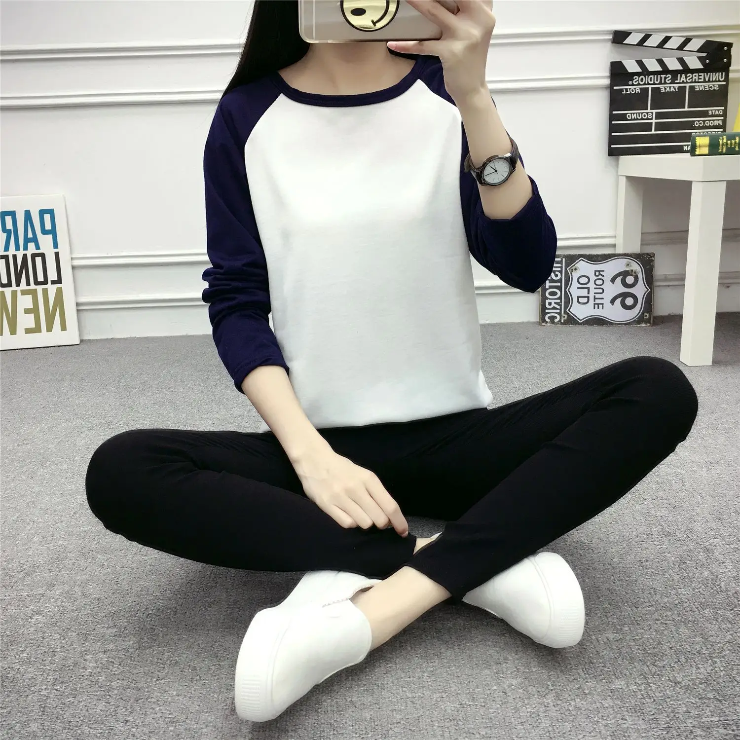 Women Korean Long Sleeve T-Shirt White Blue Large