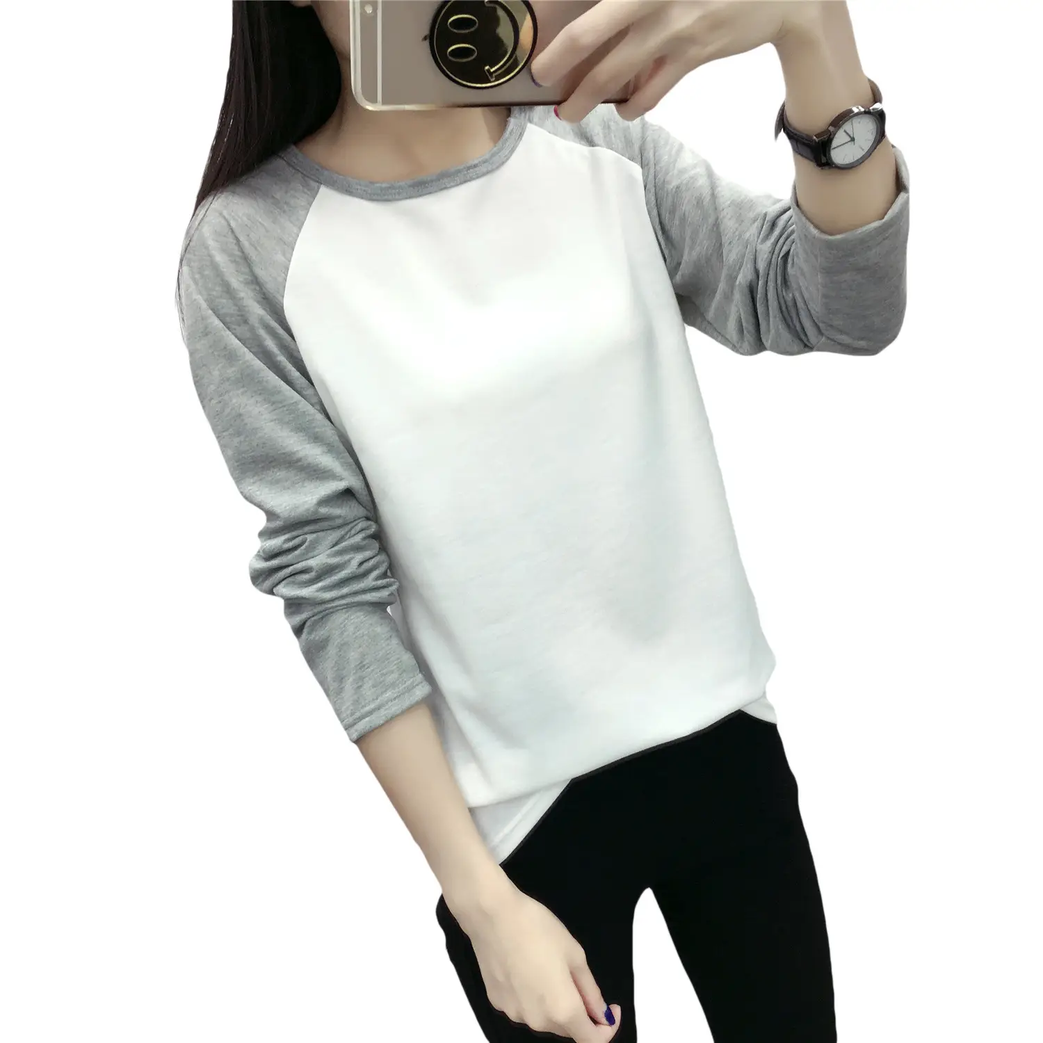 Women Korean Long Sleeve T-Shirt White Blue Large