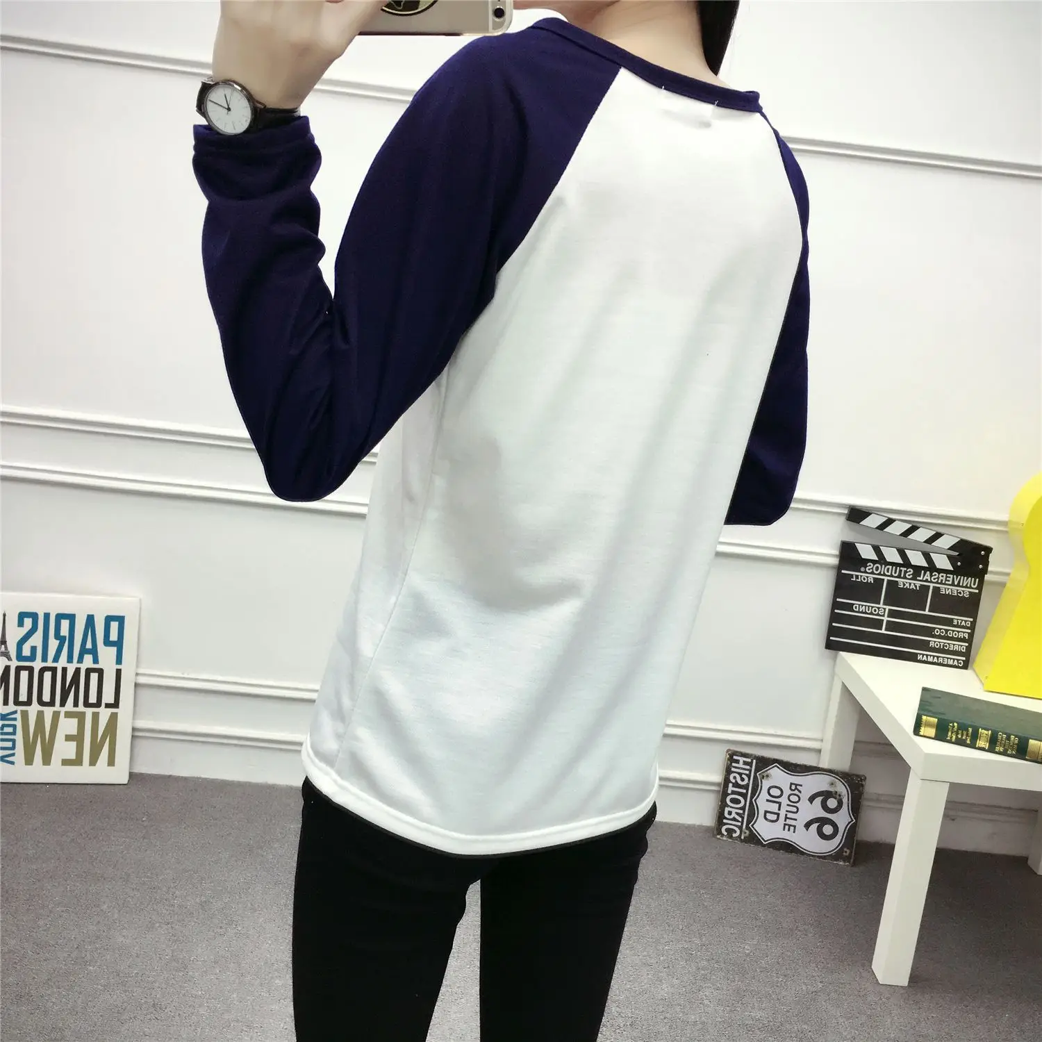Women Korean Long Sleeve T-Shirt White Blue Large
