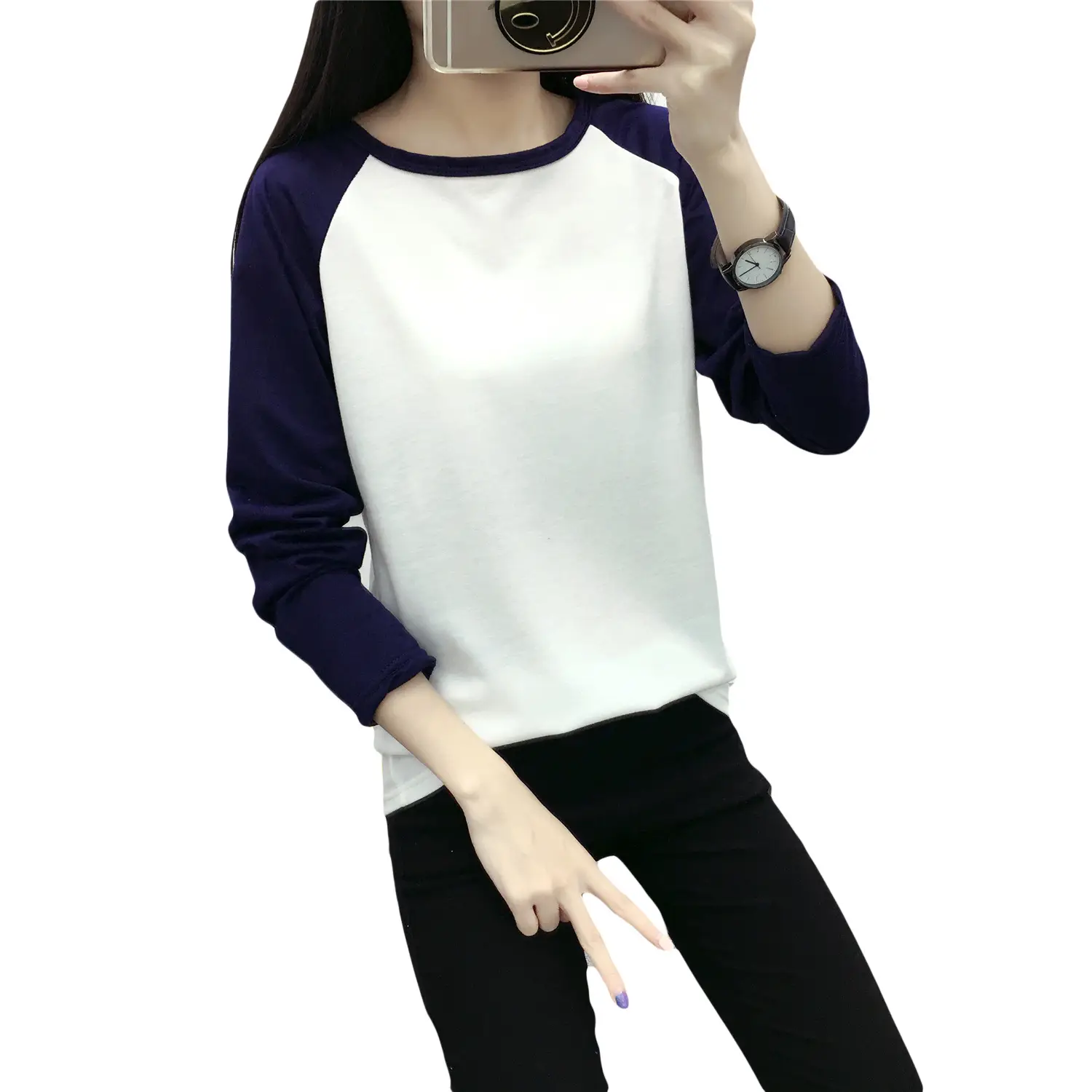 Women Korean Long Sleeve T-Shirt White Blue Large