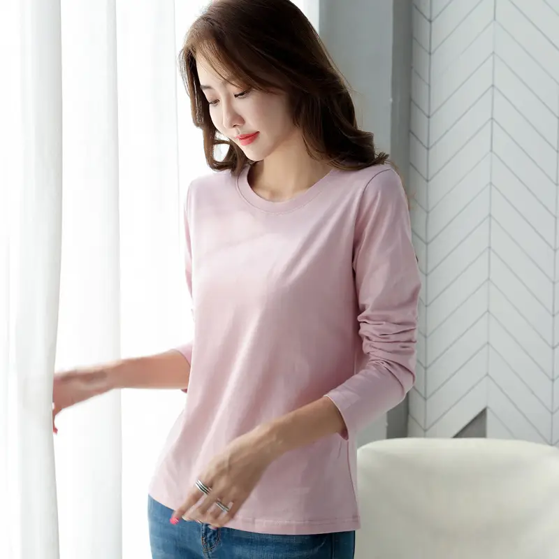2023 Korean Women Loose Cotton Long Sleeve T-Shirt Brown - Image 3