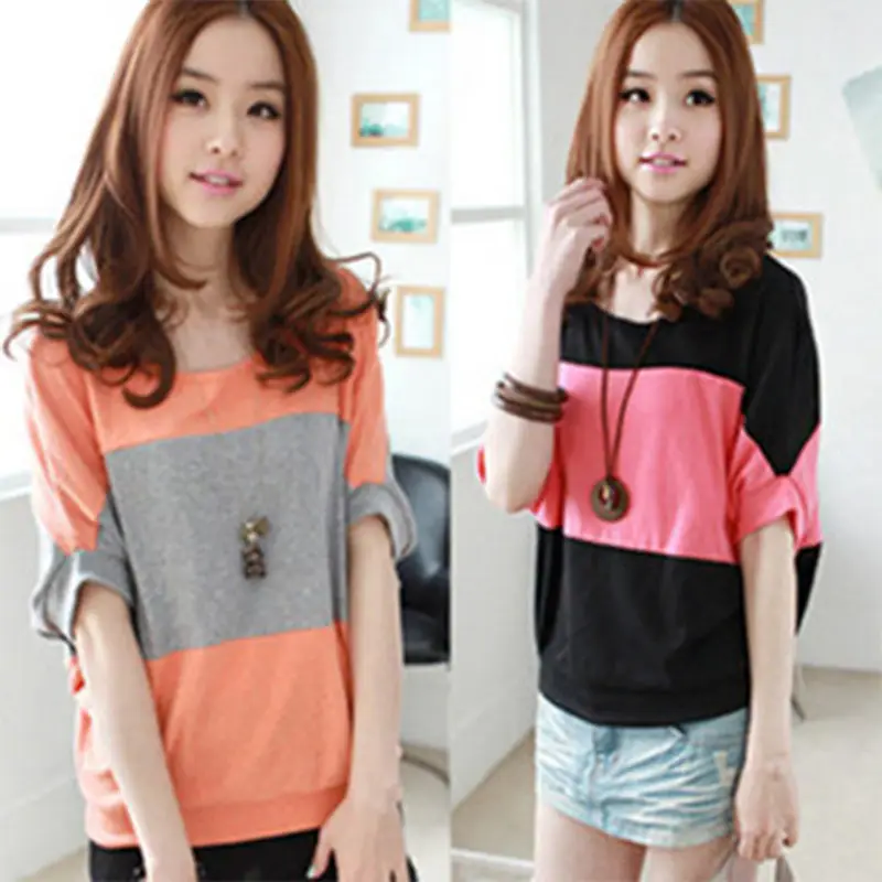 Korean Style Women's Orange Grey Cotton T-Shirt Large