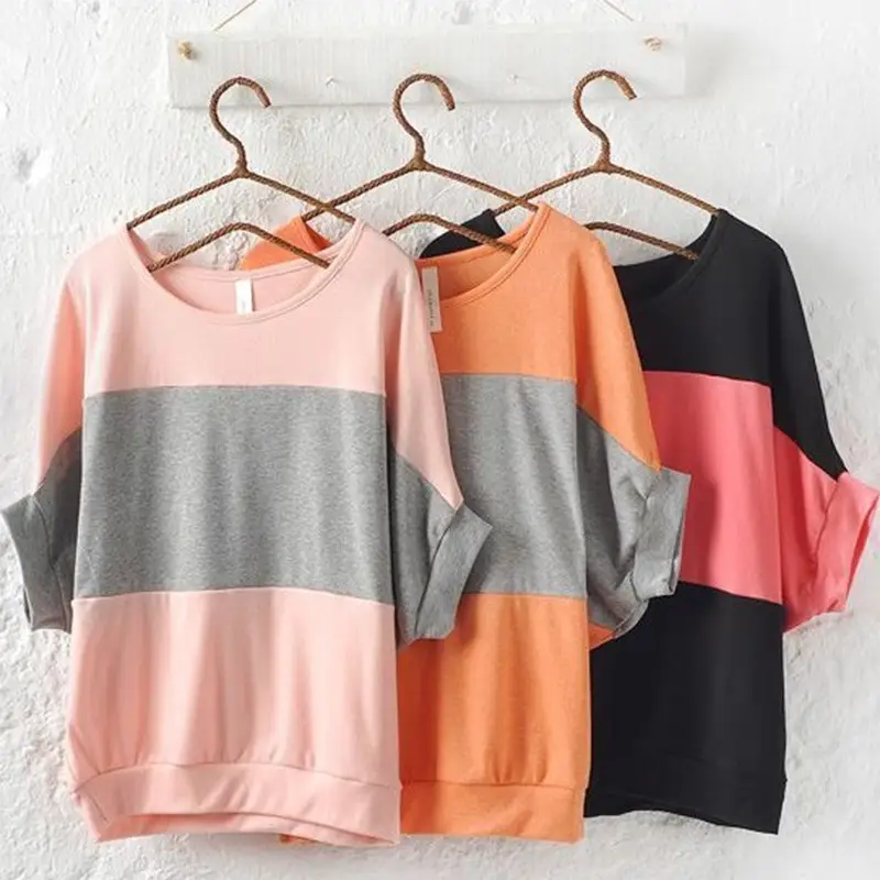 Korean Style Women's Orange Grey Cotton T-Shirt Large - Image 6