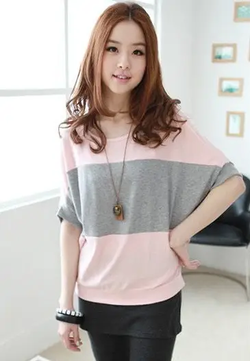 Korean Style Women's Orange Grey Cotton T-Shirt Large - Image 2