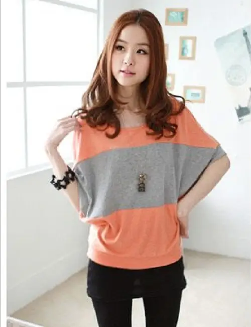 Korean Style Women's Orange Grey Cotton T-Shirt Large - Image 3