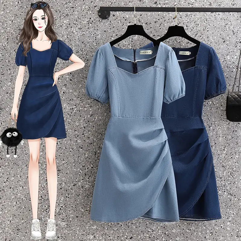 Korean Style Plus Size Denim Dress Blue Mid Length
