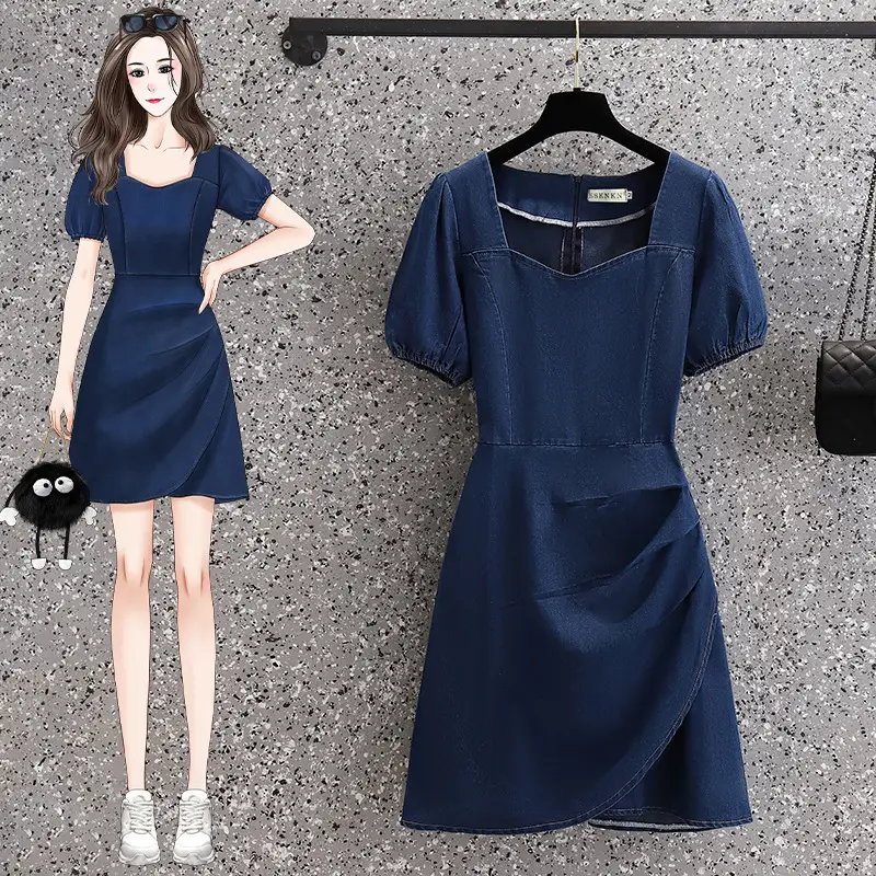 Korean Style Plus Size Denim Dress Blue Mid Length - Image 4