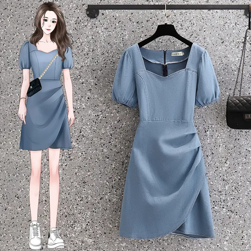 Korean Style Plus Size Denim Dress Blue Mid Length - Image 5