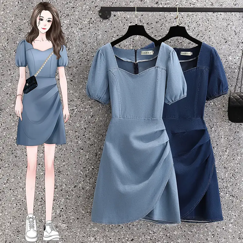 Korean Style Plus Size Denim Dress Blue Mid Length - Image 6