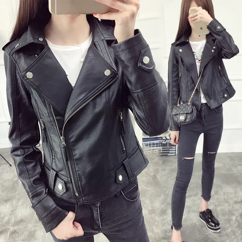 2024 Women's Black Leather Lapel Jacket Slim Fit Biker Clothing - Image 4
