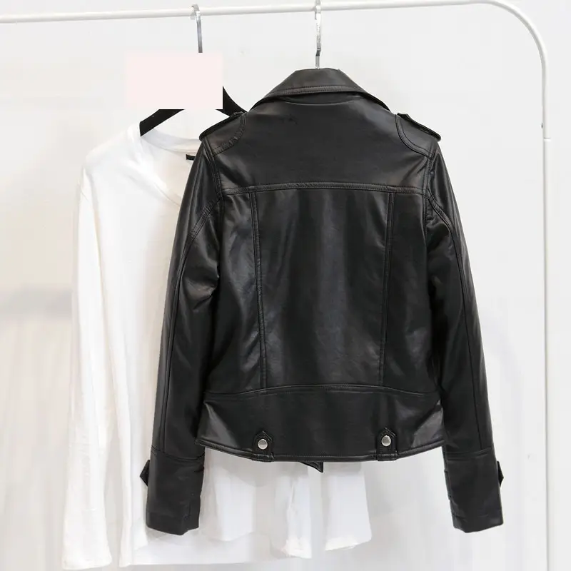 2024 Women's Black Leather Lapel Jacket Slim Fit Biker Clothing - Image 5