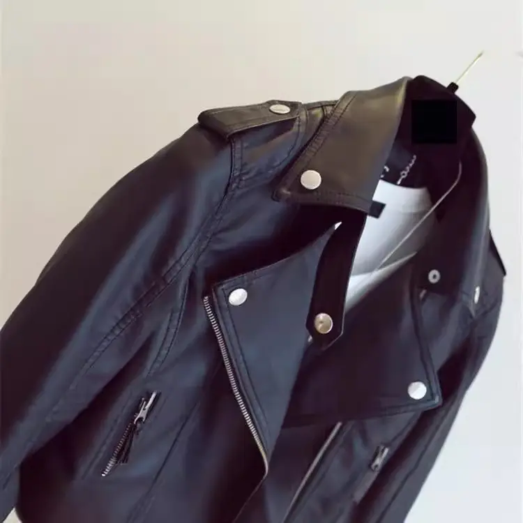 2024 Women's Black Leather Lapel Jacket Slim Fit Biker Clothing - Image 6