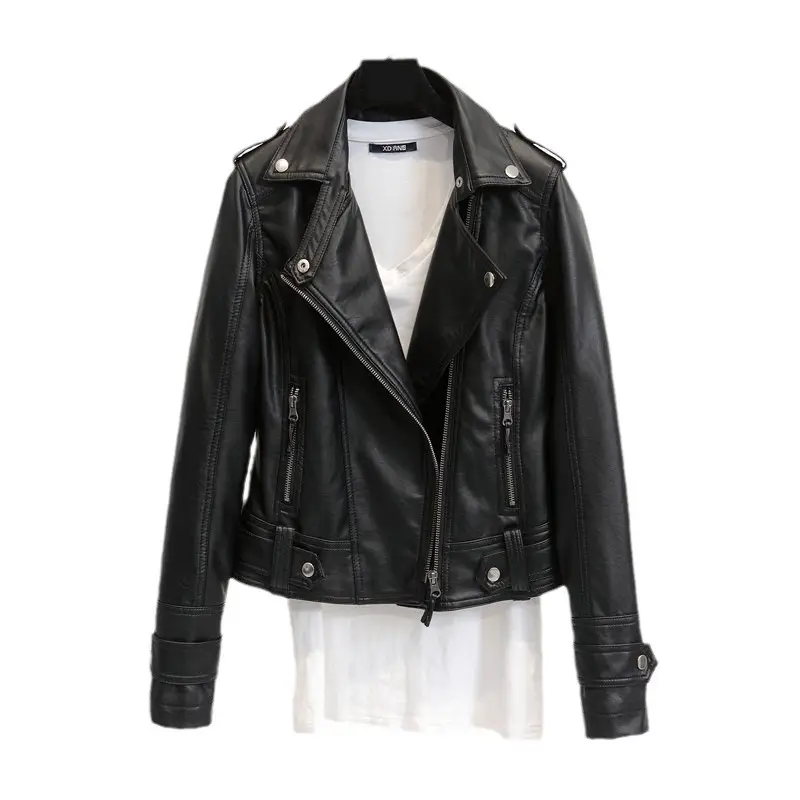 2024 Women's Black Leather Lapel Jacket Slim Fit Biker Clothing - Image 7