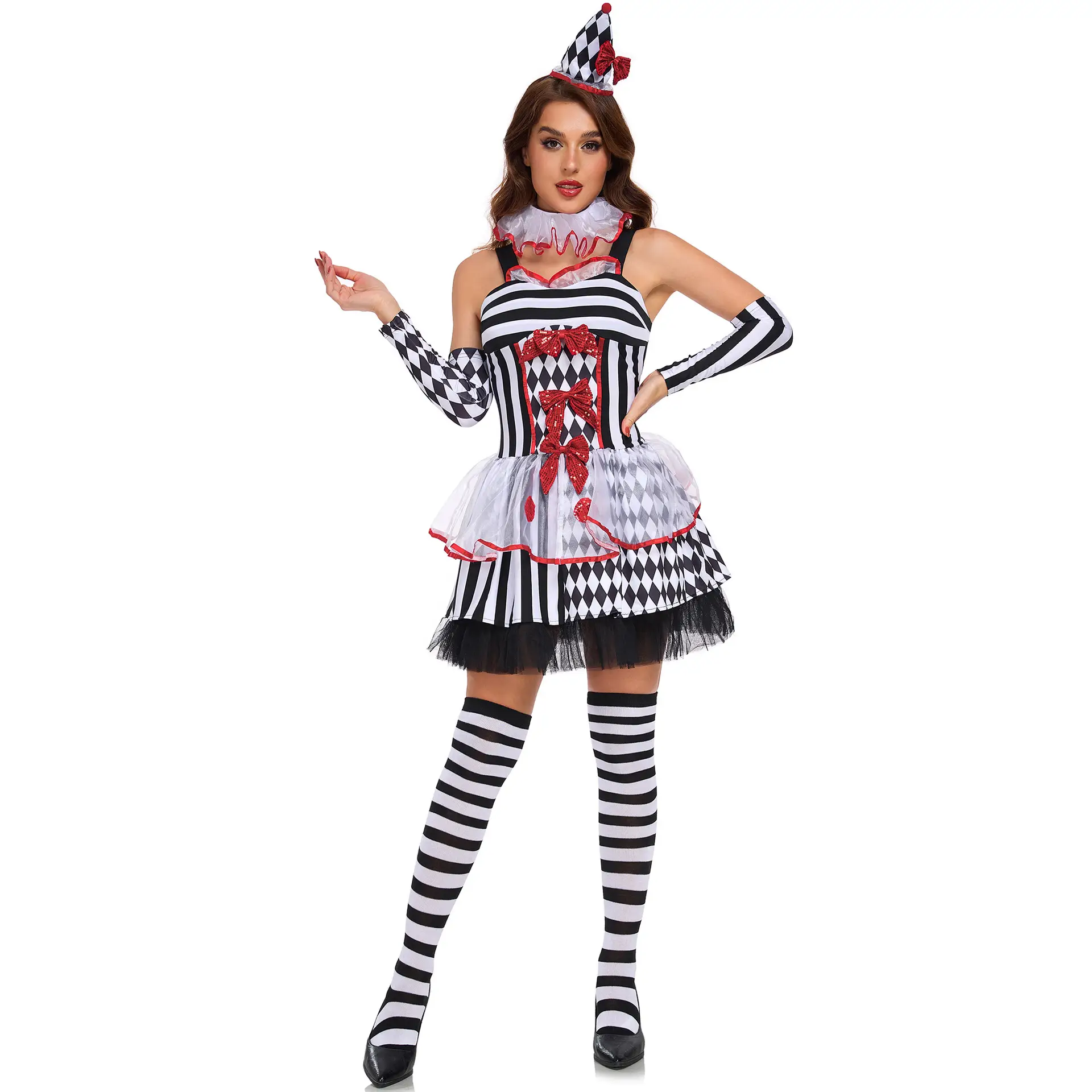 Black White Plaid Clown Costume Women Halloween Party Wear - Image 3