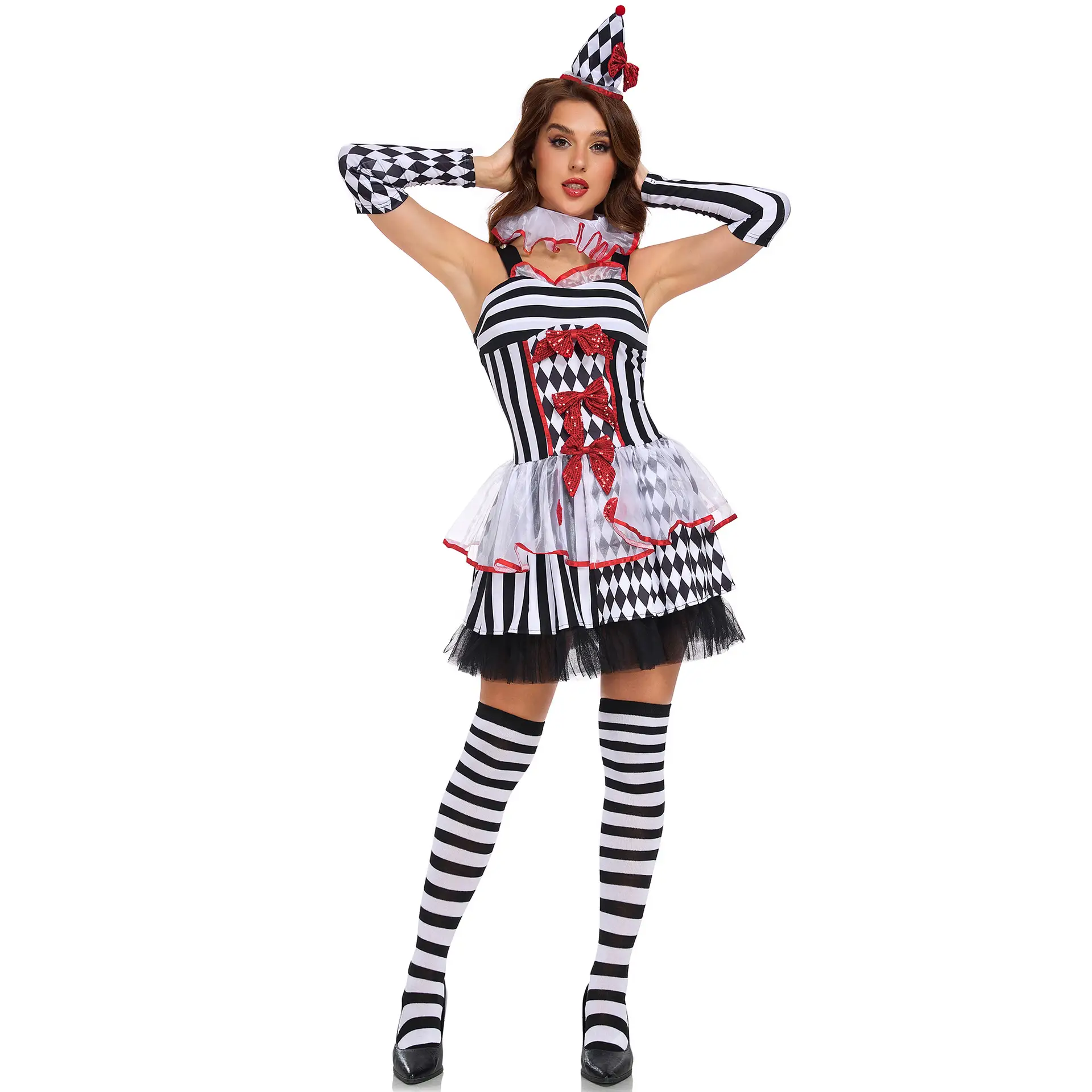 Black White Plaid Clown Costume Women Halloween Party Wear - Image 7