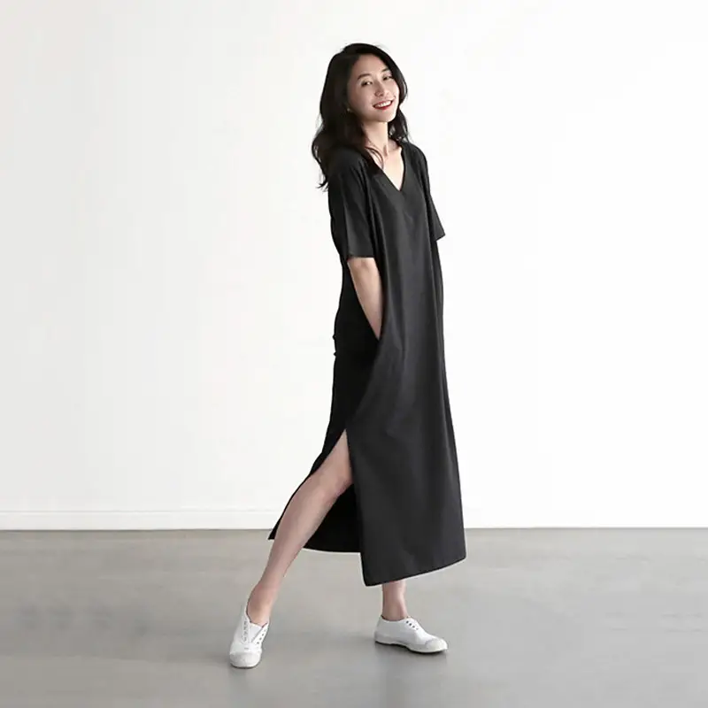 Black Korean Style V Neck Cotton Dress Large - Image 7