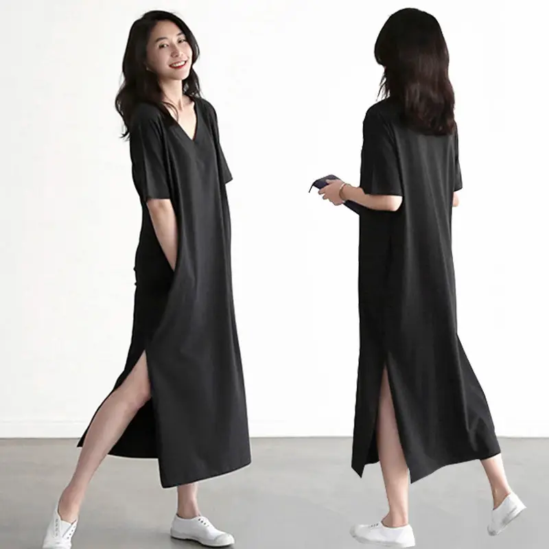 Black Korean Style V Neck Cotton Dress Large - Image 8