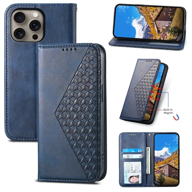 Black Magnetic Phone Case for iPhone 17 with Diamond Pattern
