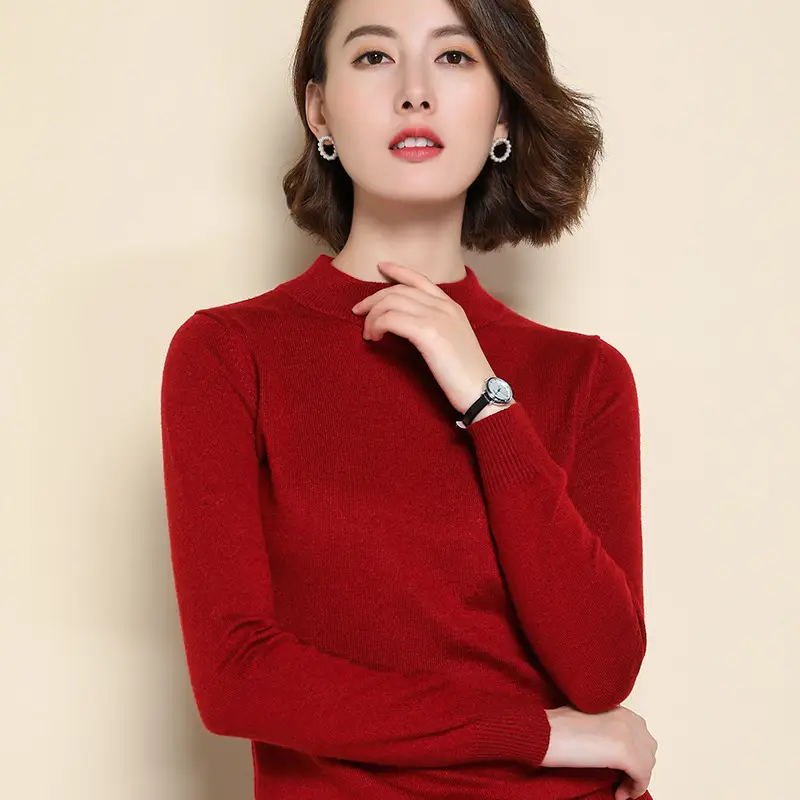 Women Woolen Red Half Turtleneck Sweater - Image 15