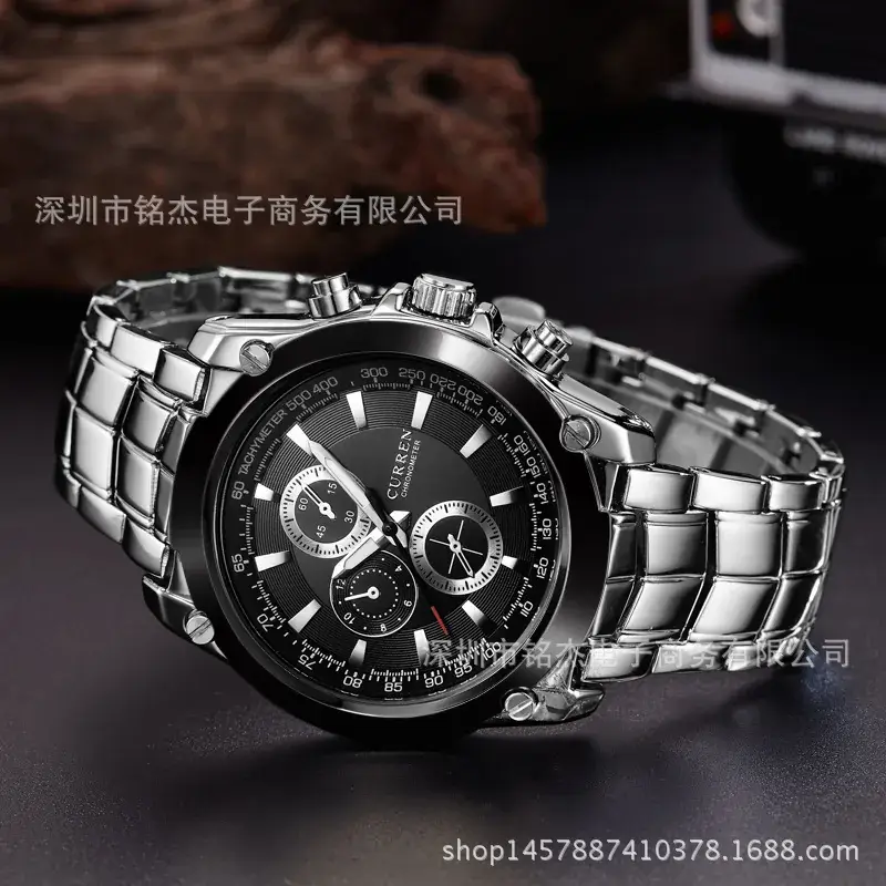 Men's Waterproof Steel Belt Watch with Fake Three-Eye Design