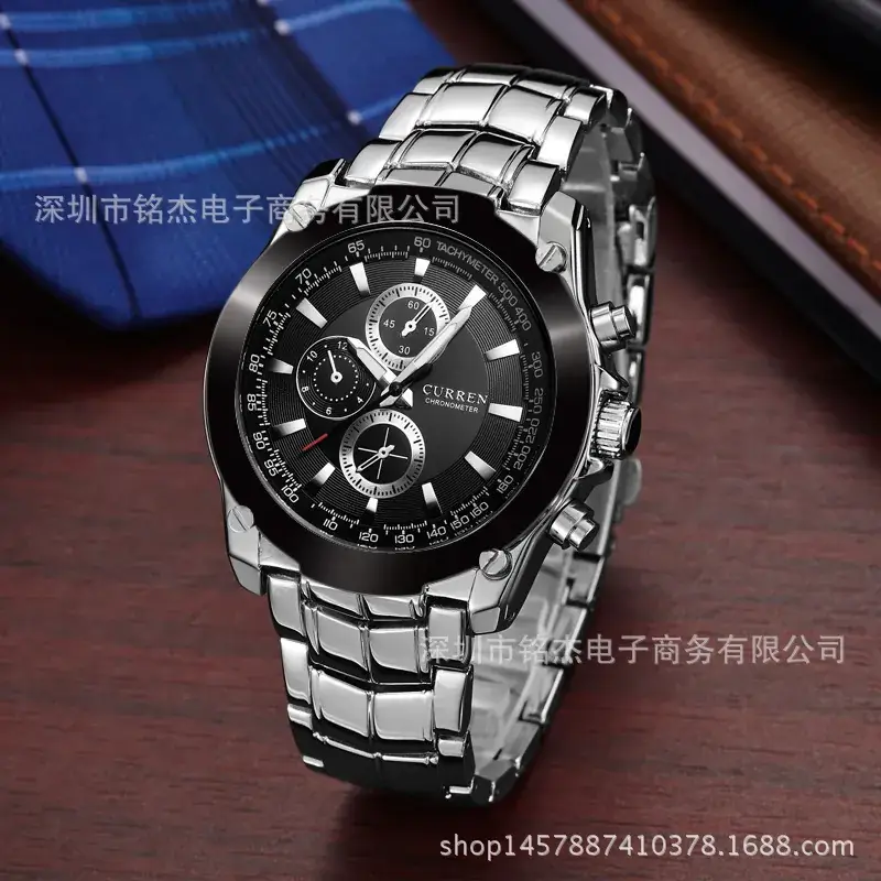 Men's Waterproof Steel Belt Watch with Fake Three-Eye Design
