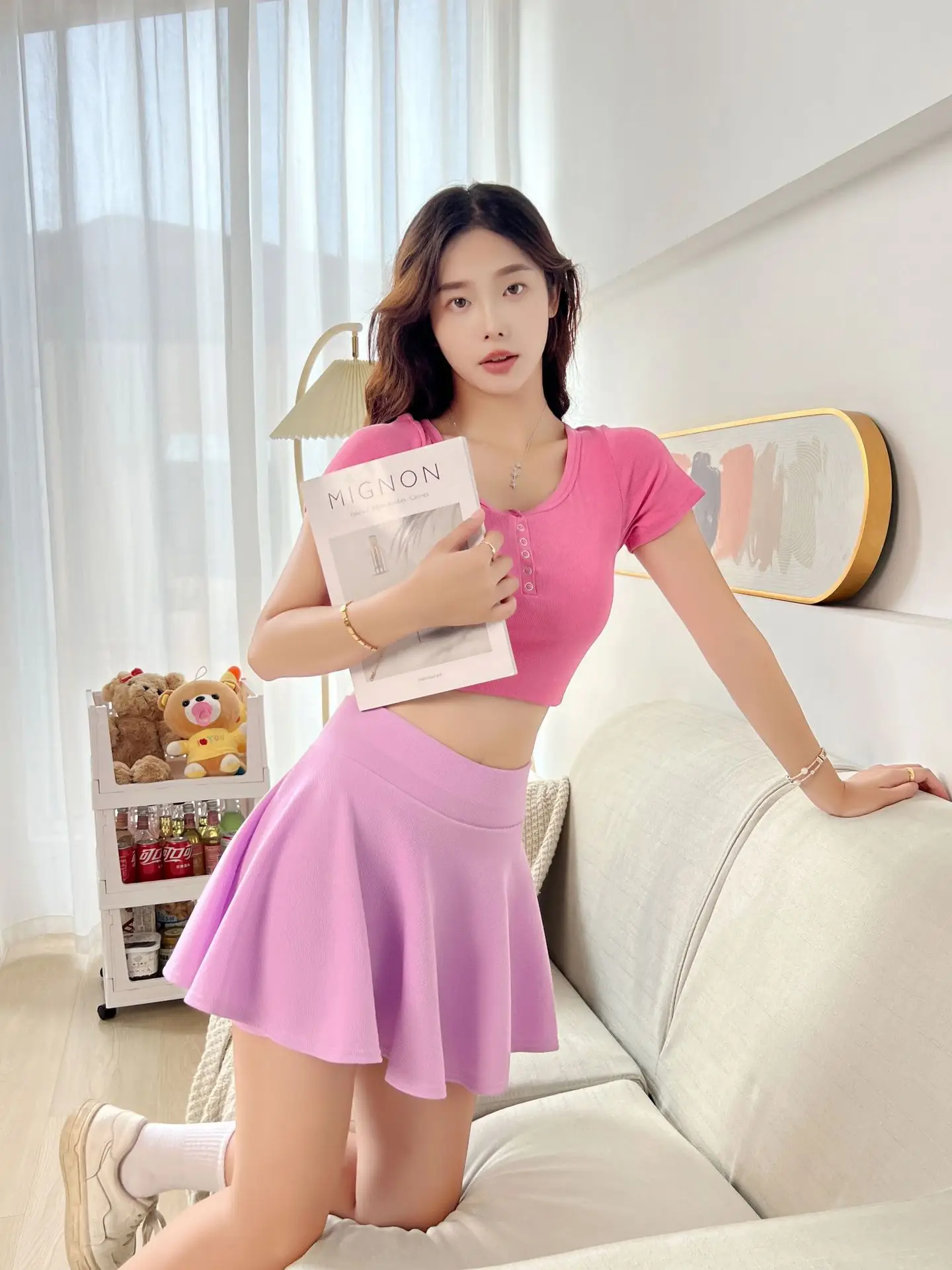 Pink Stretch High Waist Shorts Skirt for Women