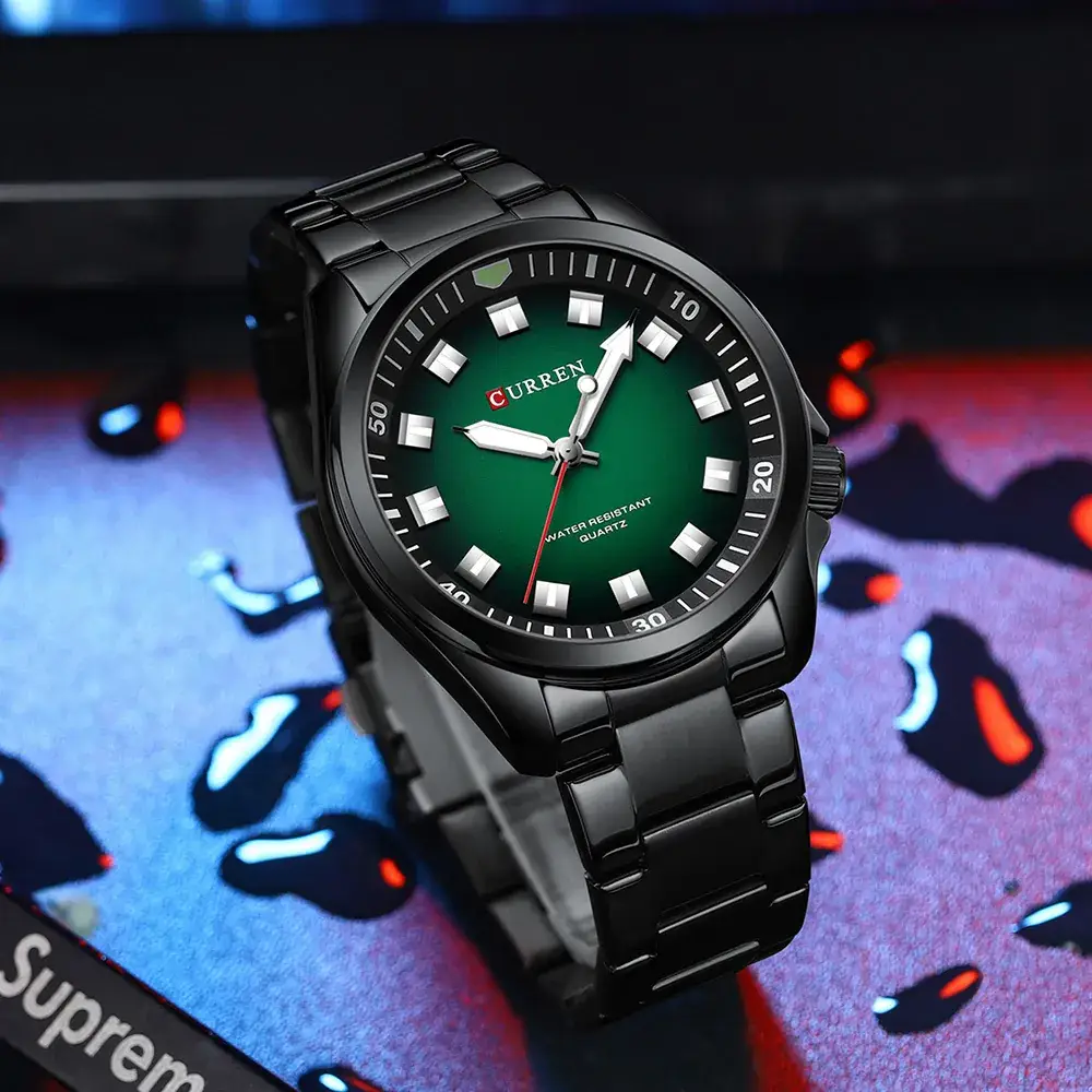 CURREN Men's Black Steel Watch with Green Dial - Image 10