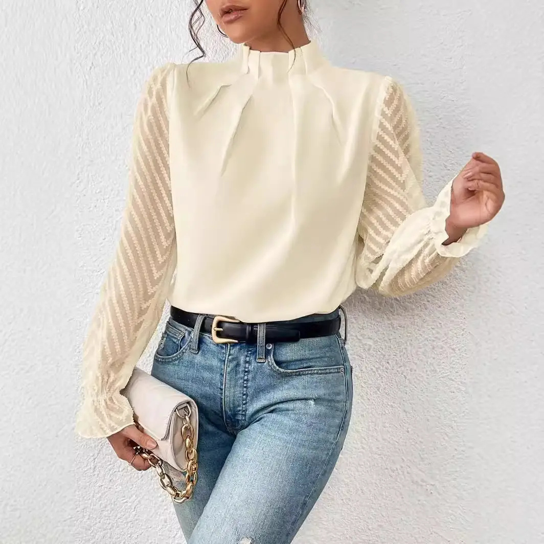 Women's 2024 Half-Turtleneck Chiffon Top with Wave Pattern
