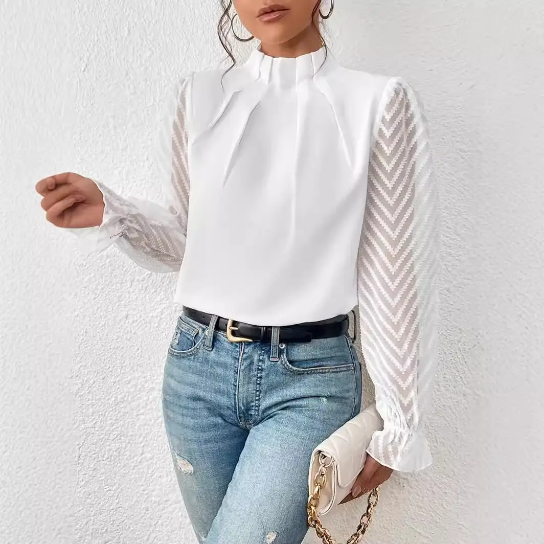 Women's 2024 Half-Turtleneck Chiffon Top with Wave Pattern