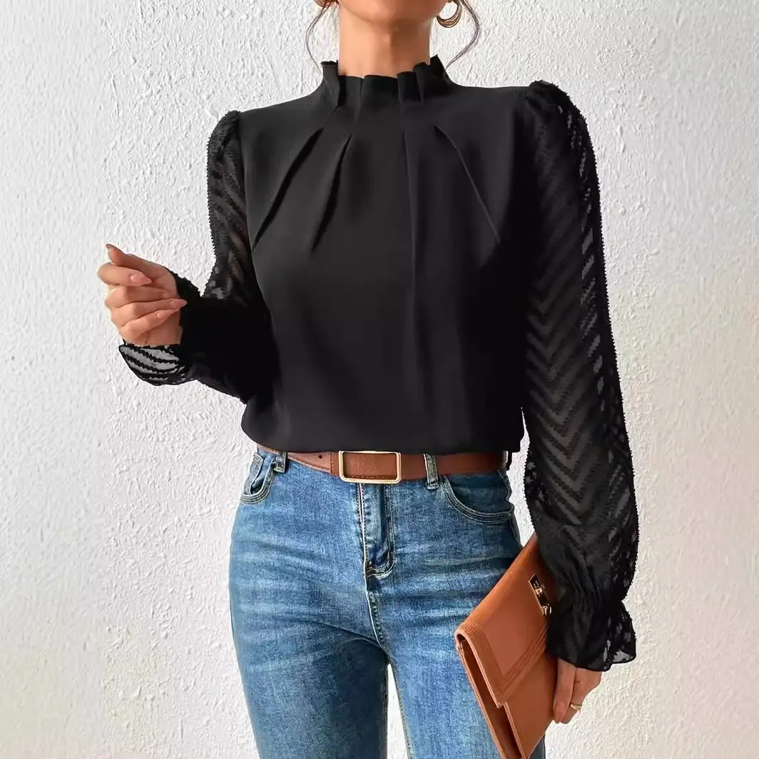 Women's 2024 Half-Turtleneck Chiffon Top with Wave Pattern
