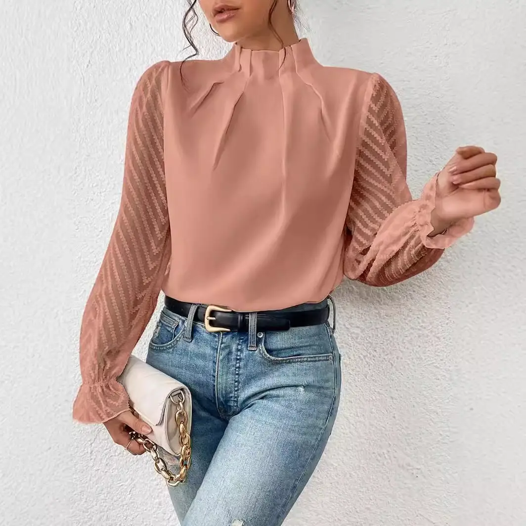 Women's 2024 Half-Turtleneck Chiffon Top with Wave Pattern