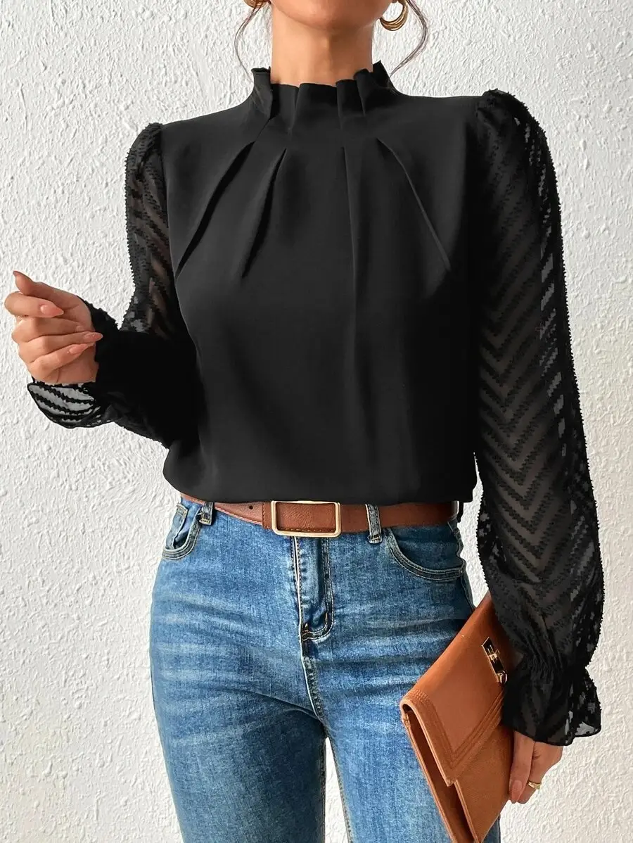 Women's 2024 Half-Turtleneck Chiffon Top with Wave Pattern