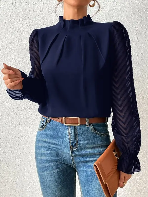 Women's 2024 Half-Turtleneck Chiffon Top with Wave Pattern