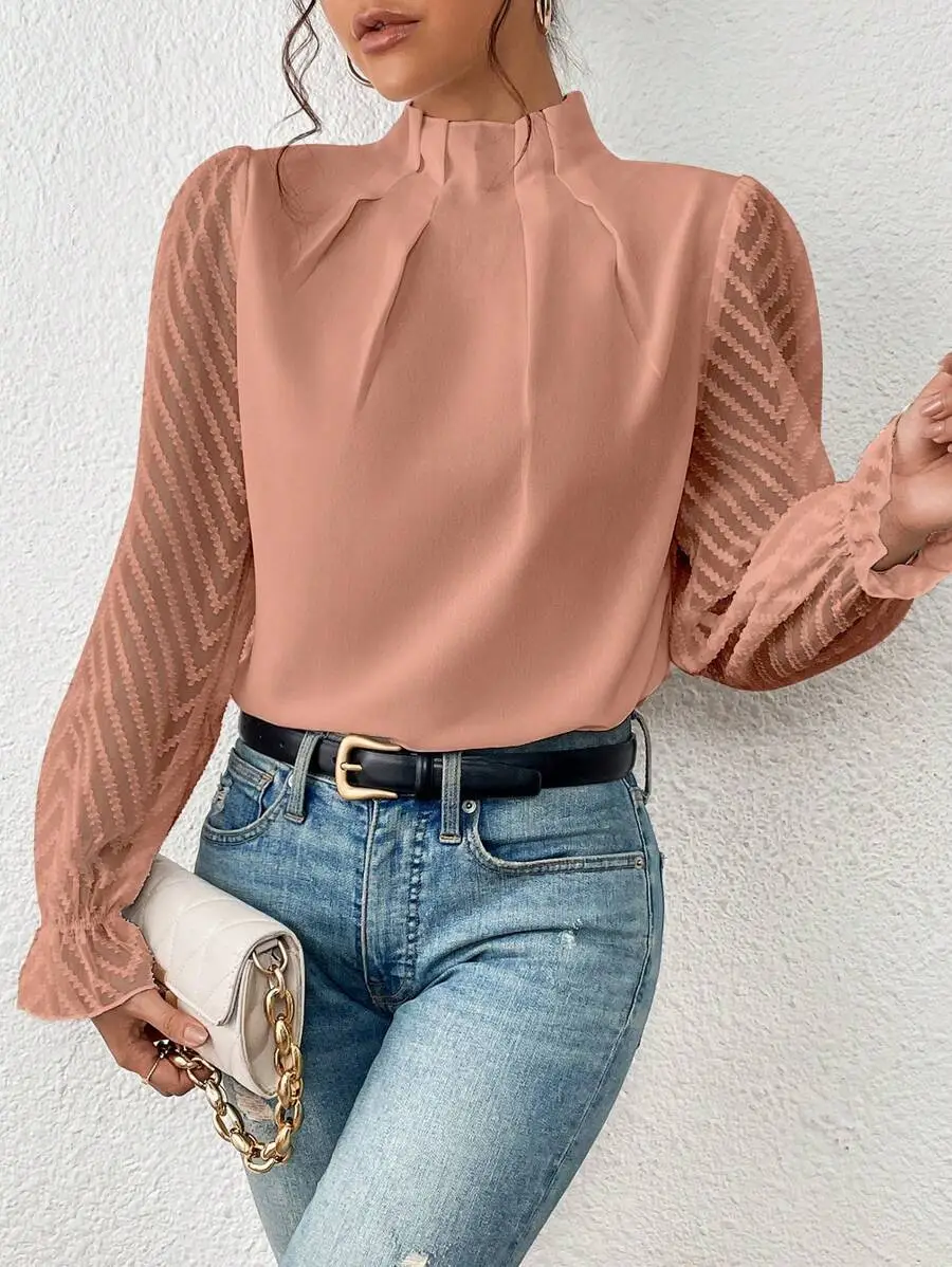 Women's 2024 Half-Turtleneck Chiffon Top with Wave Pattern