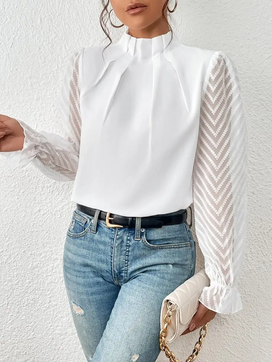 Women's 2024 Half-Turtleneck Chiffon Top with Wave Pattern