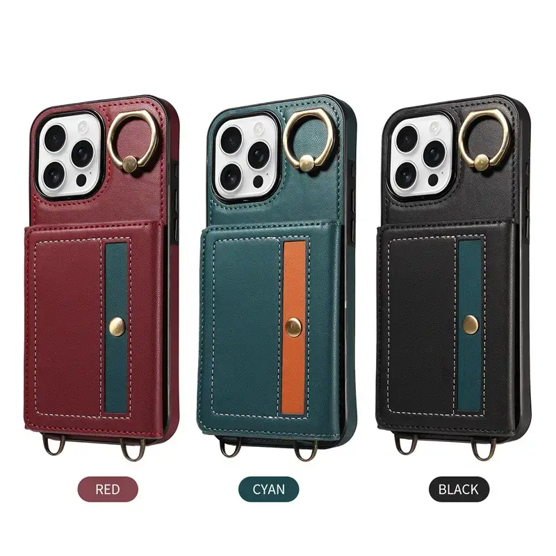 iPhone16 Leather Phone Case Red Cyan Black with Ring Buckle - Image 5