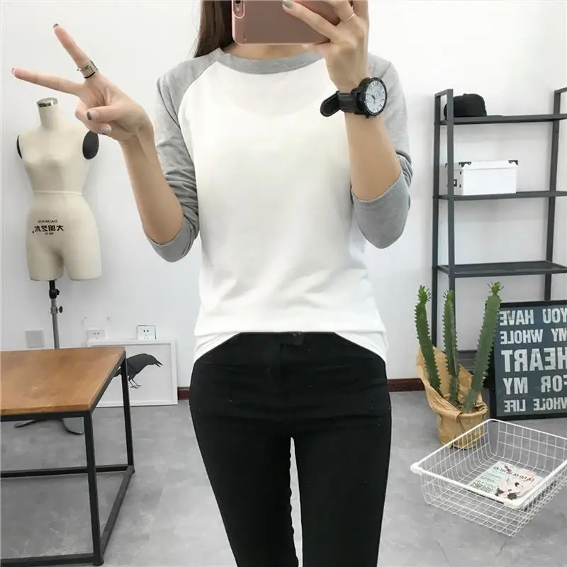 Women's 2022 Crew Neck Long Sleeve Top White Blue - Image 2