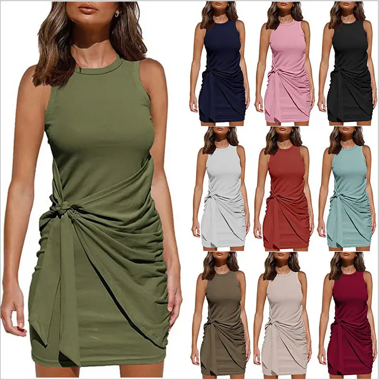 Sleeveless Pleated Bow Belt Dress Maroon - Image 11
