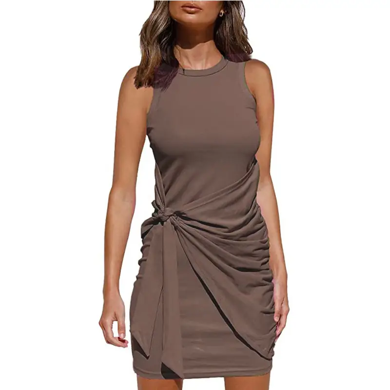 Sleeveless Pleated Bow Belt Dress Maroon - Image 7