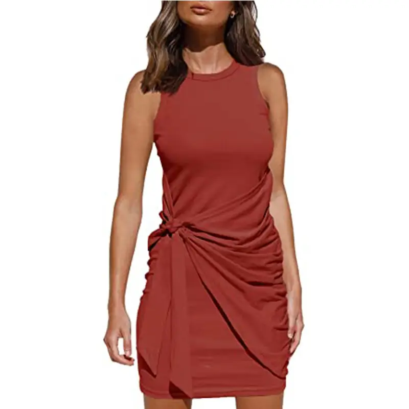 Sleeveless Pleated Bow Belt Dress Maroon - Image 10
