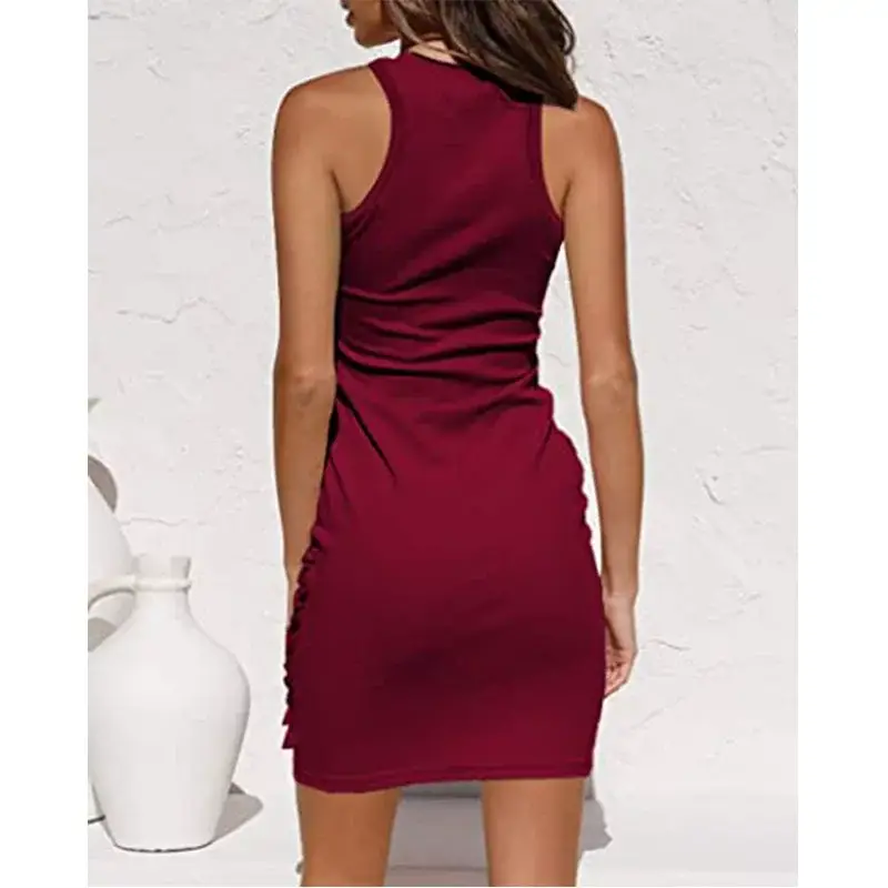 Sleeveless Pleated Bow Belt Dress Maroon — feature 14