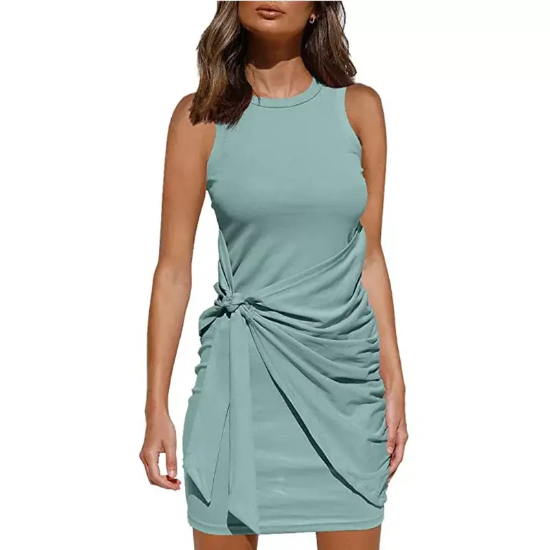 Sleeveless Pleated Bow Belt Dress Maroon — feature 3