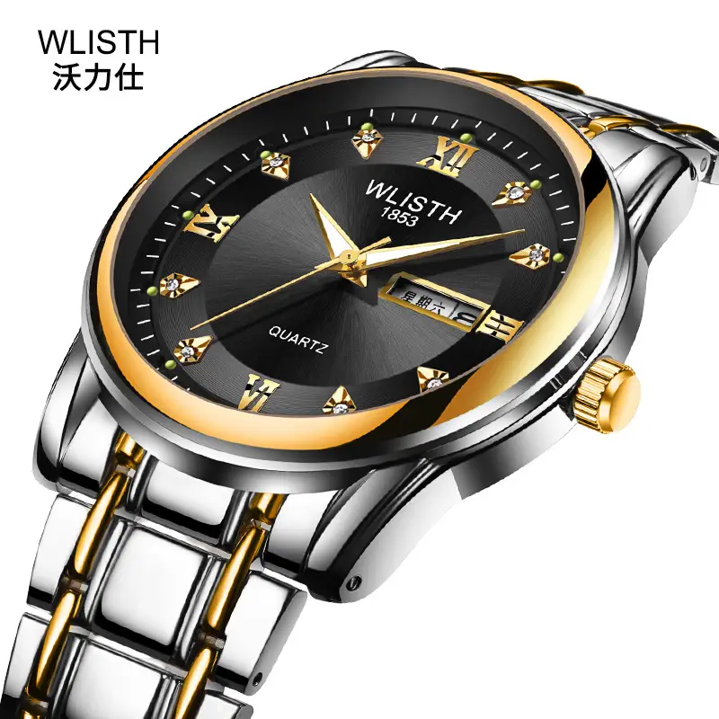 Men's Waterproof Quartz Steel Band Watch with Double Calendar