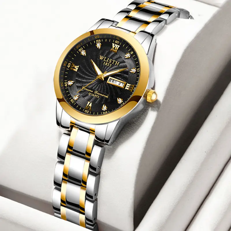 Men's Waterproof Quartz Steel Band Watch with Double Calendar
