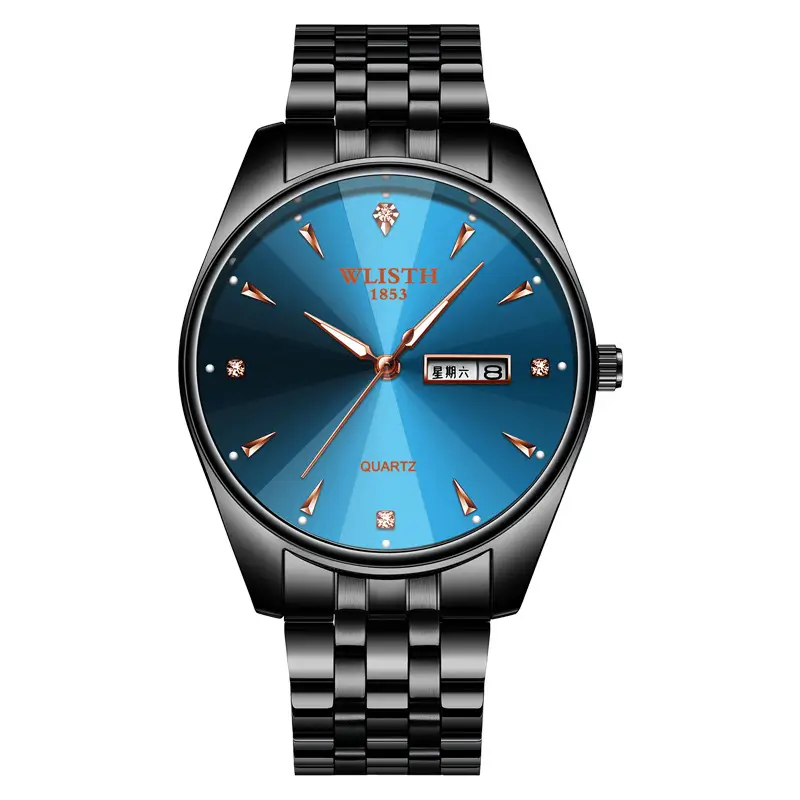 Men's Waterproof Quartz Steel Band Watch with Double Calendar