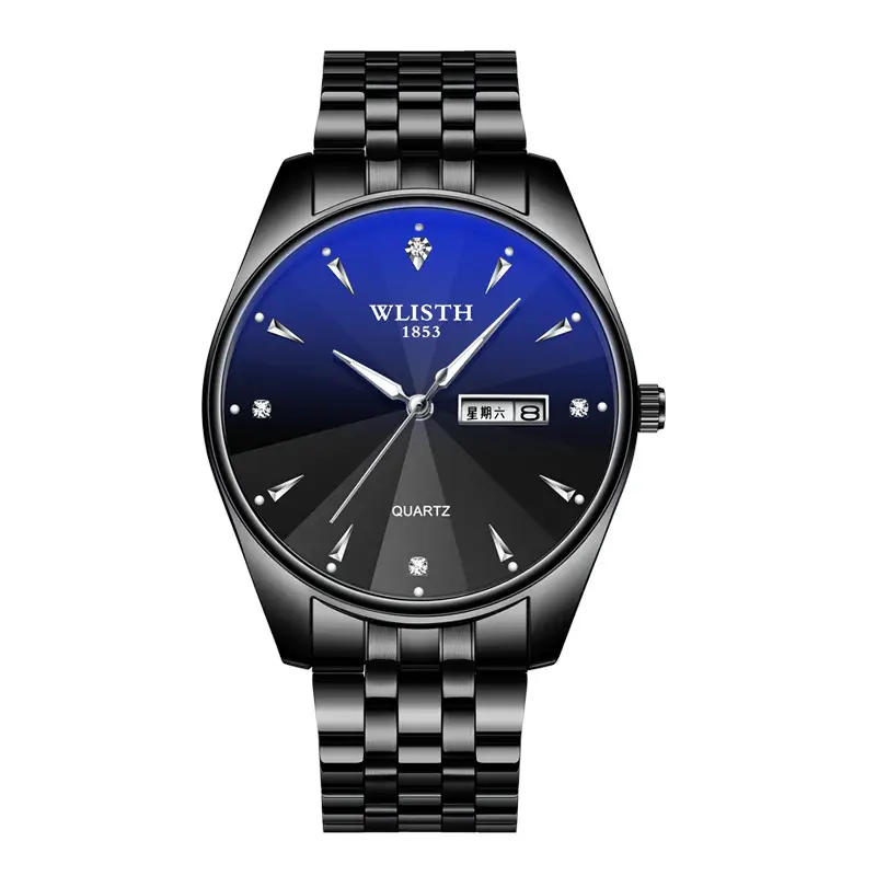 Men's Waterproof Quartz Steel Band Watch with Double Calendar